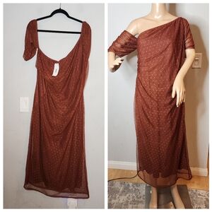 NWT ASOS Curve Fallen Shoulder Brown Ruched Textured Stretch Mesh Midi Dress 22